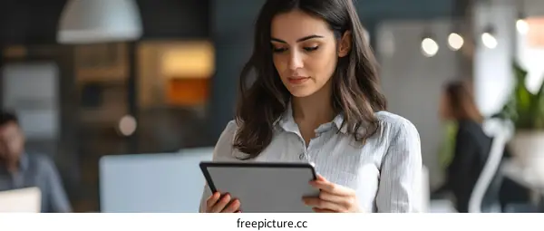 Caucasian Woman Using Tablet in Office Setting