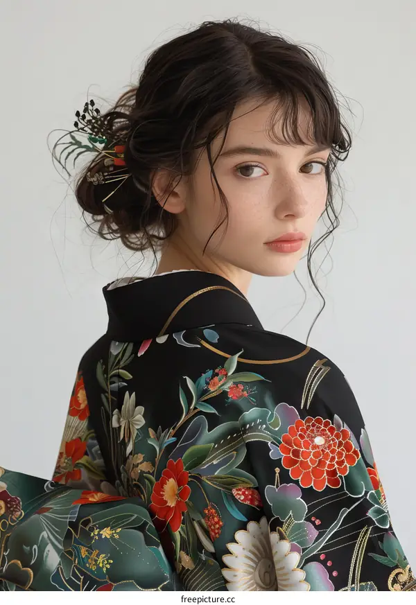 Portrait of a young woman in a kimono