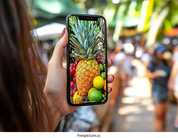 Woman Holding Smartphone Taking Picture of Pineapple and Fruit at Market