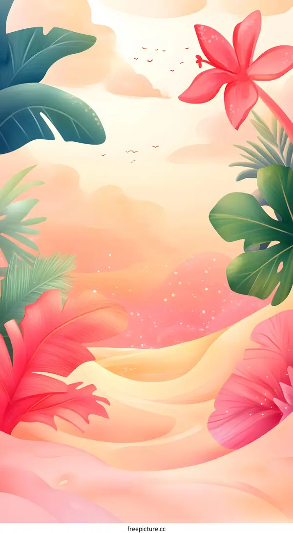 Tropical Summer Illustration With Pink Flowers and Green Leaves