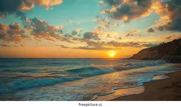 Beautiful Sunset Over the Ocean With Waves on the Sandy Shore