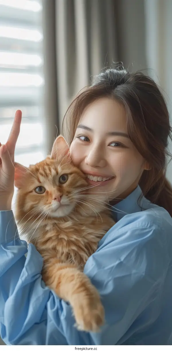 A young woman is holding an orange cat in her arms and smiling at the camera