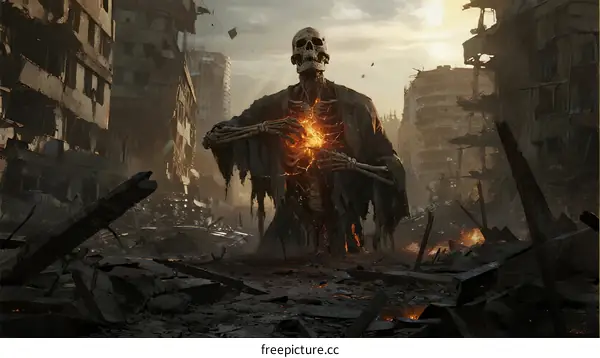 Skeleton with glowing heart standing amid destroyed city buildings