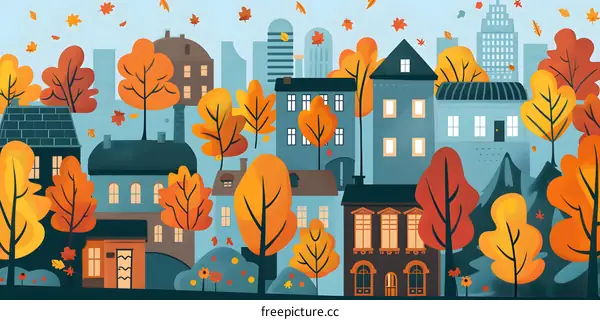 Autumn Cityscape With Buildings and Trees