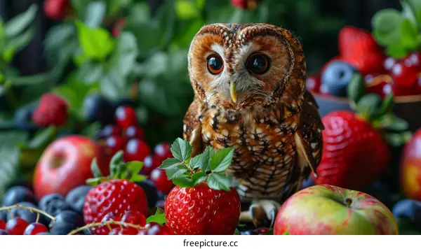 Cute Owl Perched Among Berries and Fruit