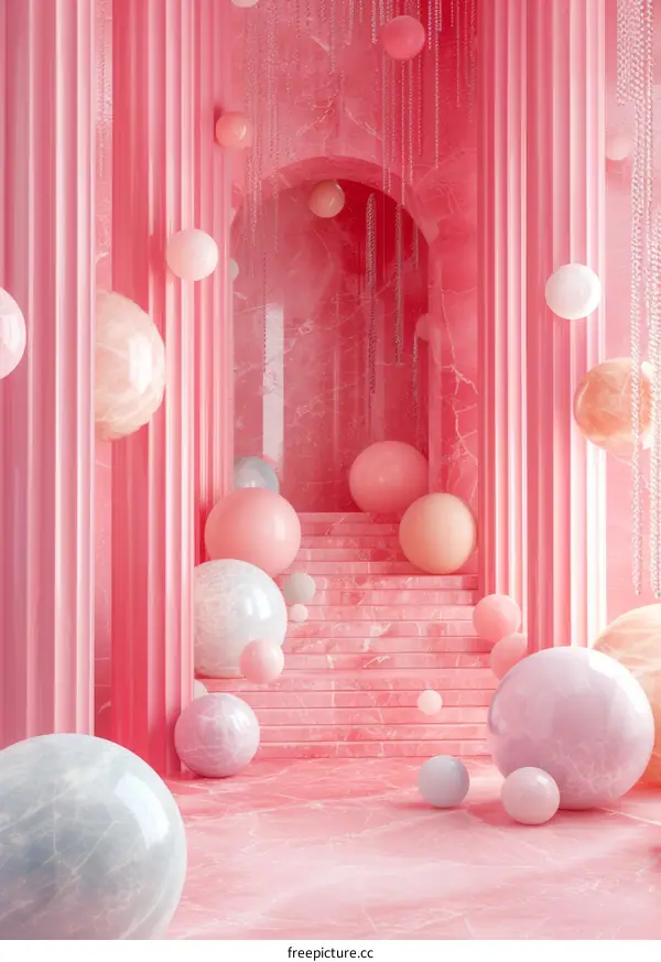 Pink Marble Staircase with Floating Balls