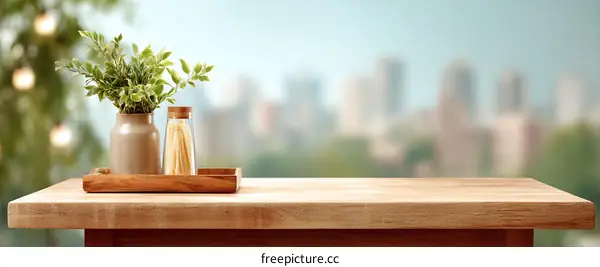Wooden Tabletop with Plants and Food