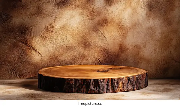 Rustic Wooden Slice Display Stand Against Textured Wall