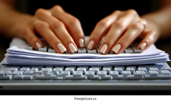 Woman Typing on a Keyboard with Documents