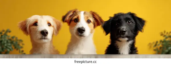 Three Adorable Puppies Posing Against a Yellow Background
