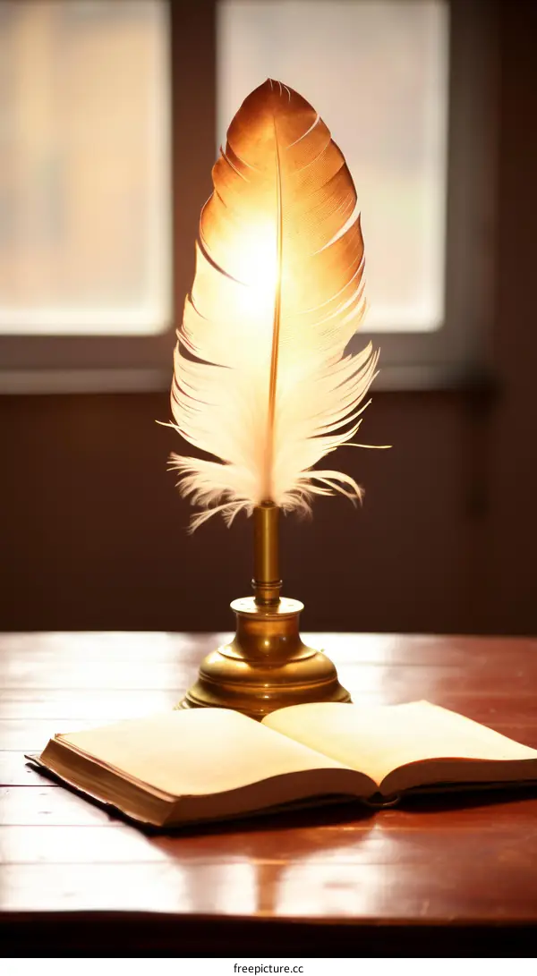 Vintage quill pen and book on wooden table