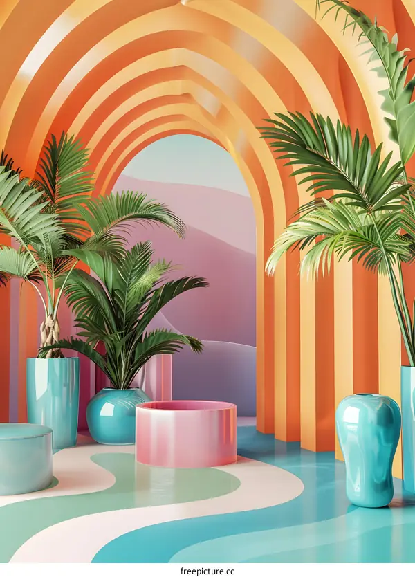 Abstract 3D Rendering Of A Room With Palm Trees And An Archway