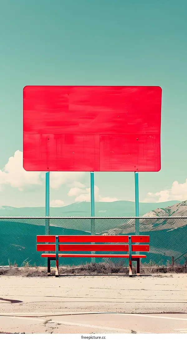 Red Bench Under Red Billboard In The Mountains