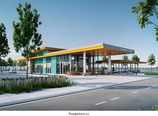 Modern Building Design with Yellow Roof and Glass Walls