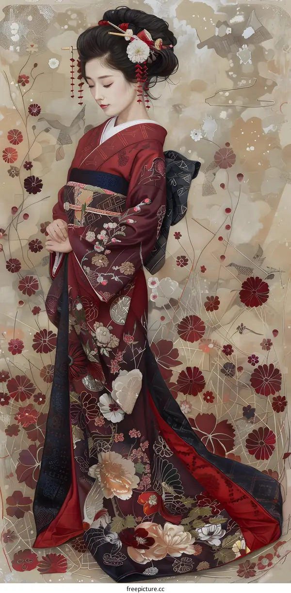A woman wearing a kimono with a floral pattern