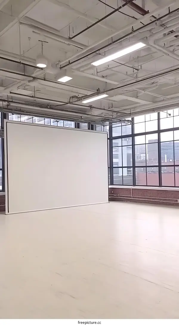 Large White Blank Screen in Empty Room with Windows