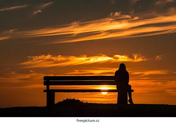 Silhouette of Woman Sitting on a Bench During Sunset