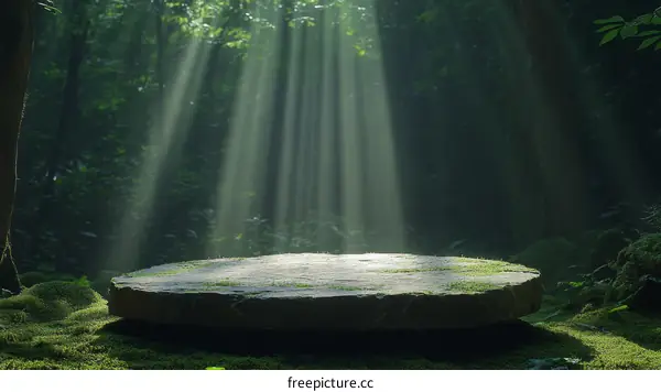 Sunlight Piercing Through Forest Canopy on Stone Platform
