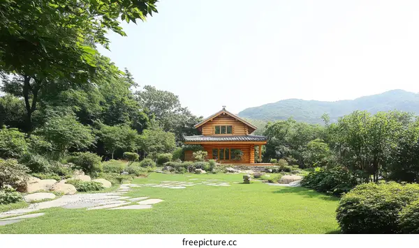 Peaceful Wooden House in Lush Garden Landscape