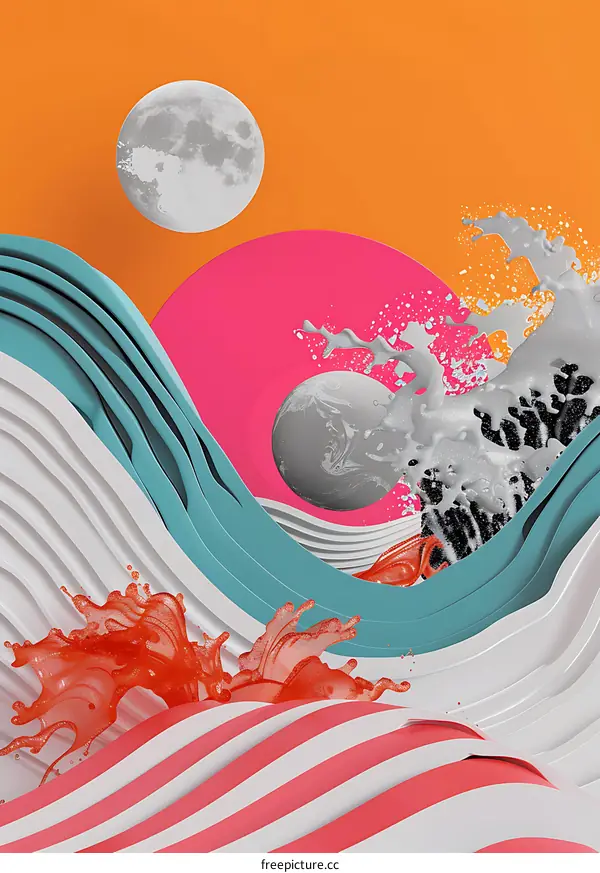 Abstract 3D Illustration With Orange Background and Colorful Splashes