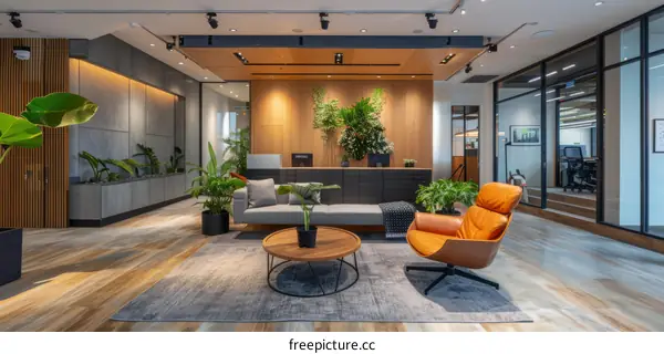 Modern office lobby interior with wooden wall and green plants