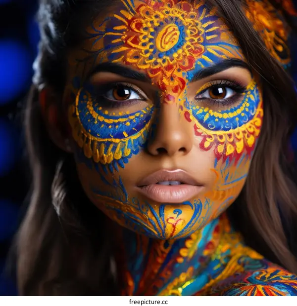 Close-up Photo of a Woman with Colorful Face Paint