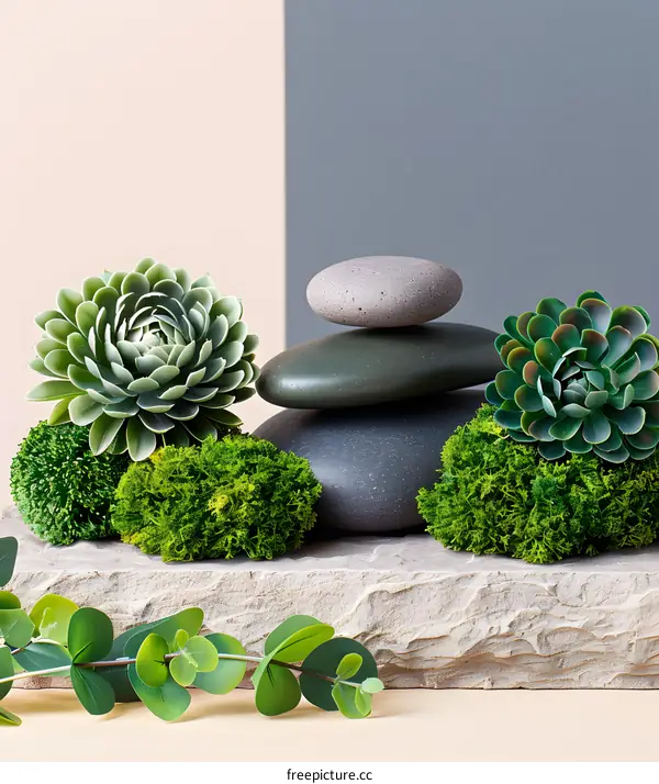 Zen Stone Arrangement with Green Plants and Moss
