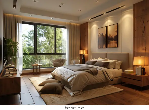 Modern Bedroom Interior Design With Wooden Wall Panel And Large Window
