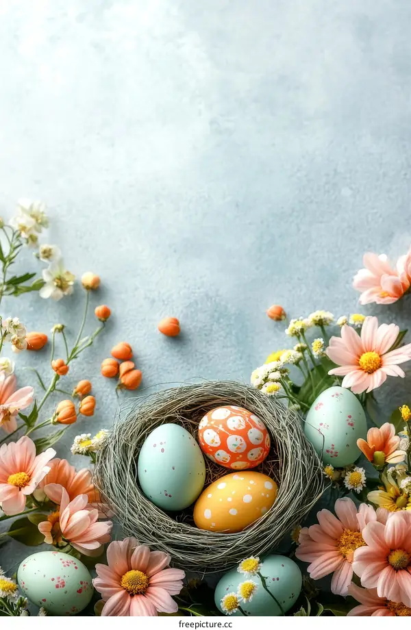 Easter Eggs in a Nest with Flowers