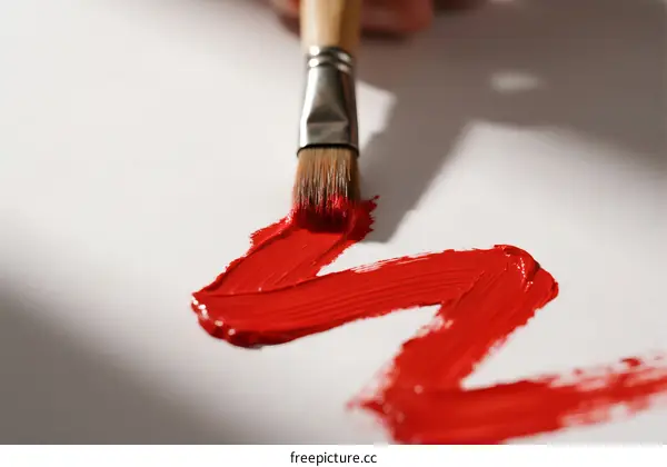 Close-up of a paintbrush applying red paint on a white surface