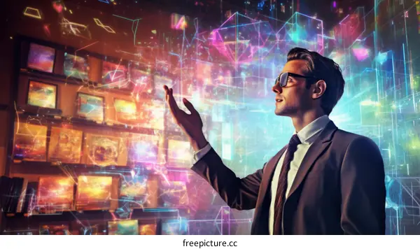 Businessman in suit and glasses using futuristic interface