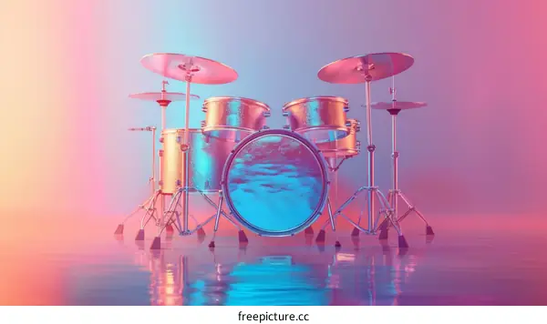 Drum kit with water surface reflection in vibrant colors