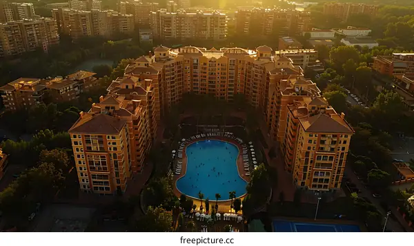Aerial View of Residential Complex with Swimming Pool