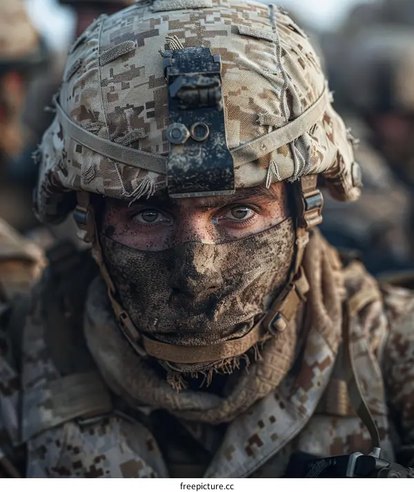 Portrait of a soldier wearing a helmet and a face mask
