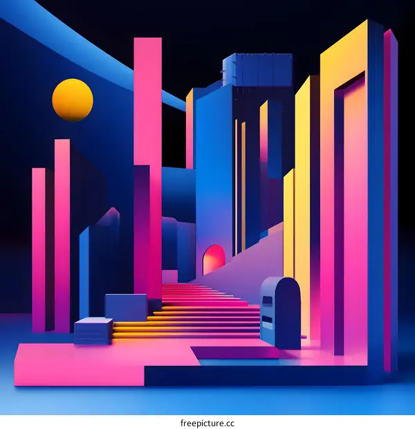 Abstract Neon Cityscape with Geometric Shapes