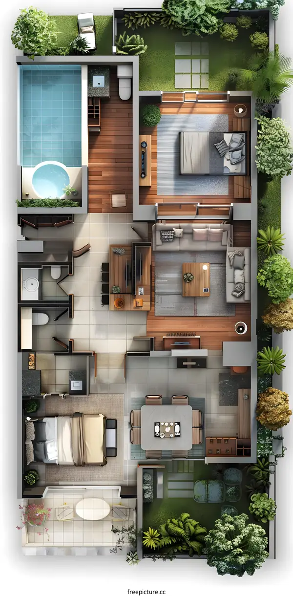 Top view of a three-story modern house