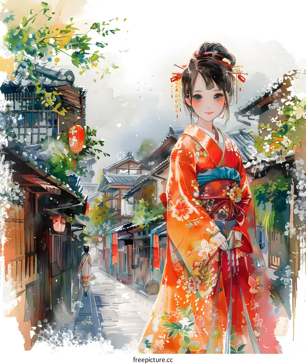 A woman wearing a kimono is walking down a street in Japan