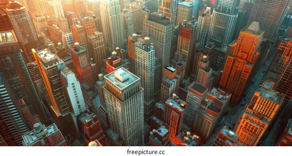 Aerial View of a City Skyline at Sunrise