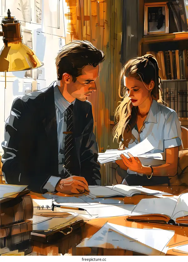 man and woman in suits looking at documents