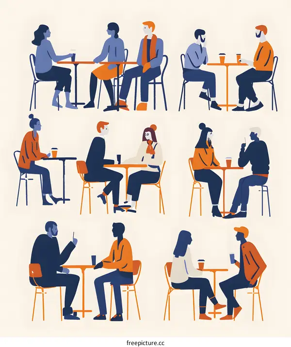 People Sitting At Cafe Tables Illustration