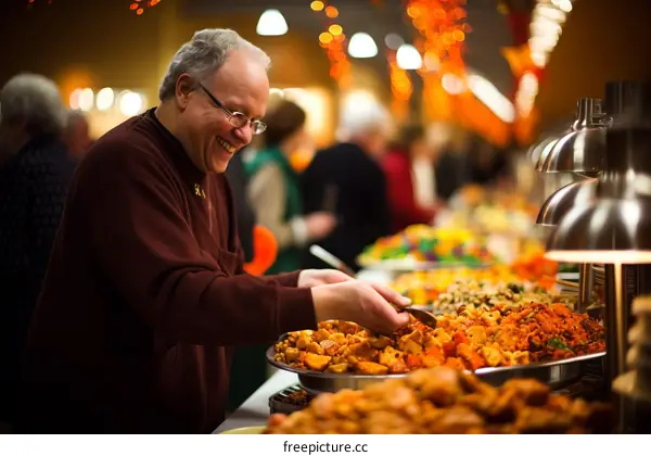 Buffet with a Man in Glasses Serving Food