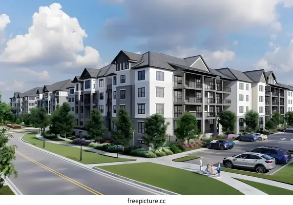 Modern Apartment Complex with Families Walking