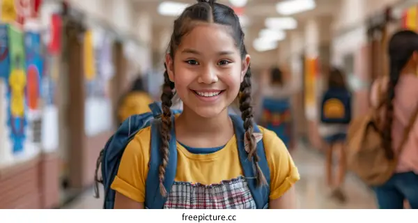 portrait of a smiling school girl with backpack in the hallway