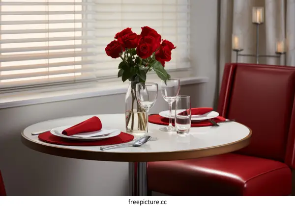 A romantic dinner table with a vase of red roses