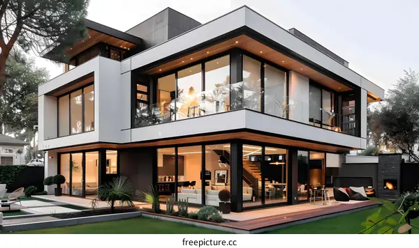 Modern House Exterior Design With Large Windows And Wood Accents