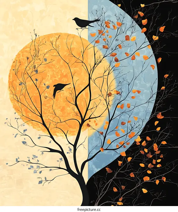 Silhouette of Tree with Two Birds in Autumn Colors