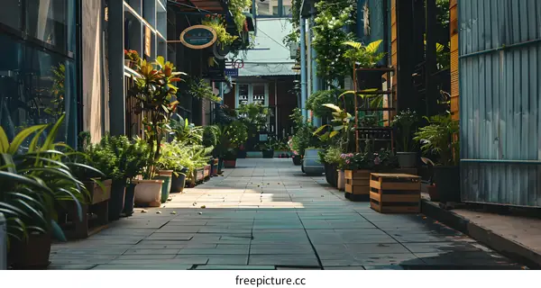 Narrow Pathway Between Buildings Lined with Plants