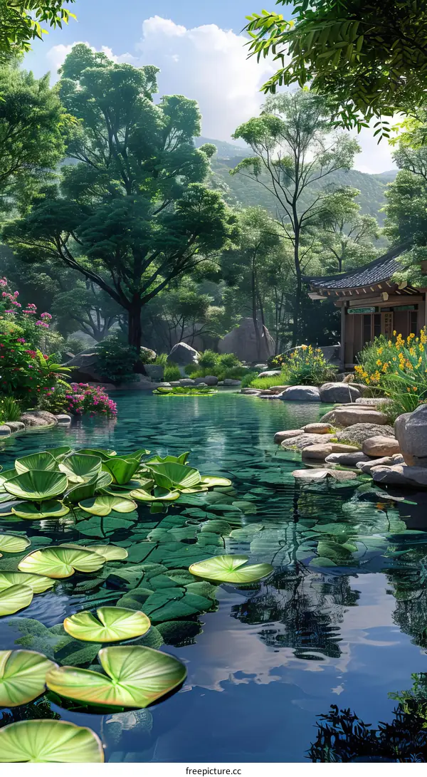 Serene Pond with Water Lilies and Lush Forest Scenery