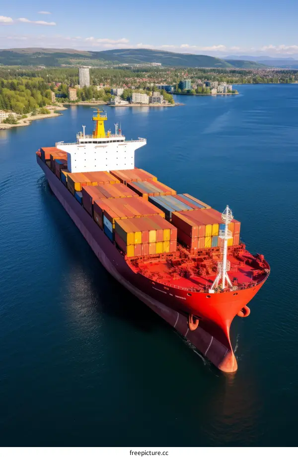 A large container ship sails through the ocean