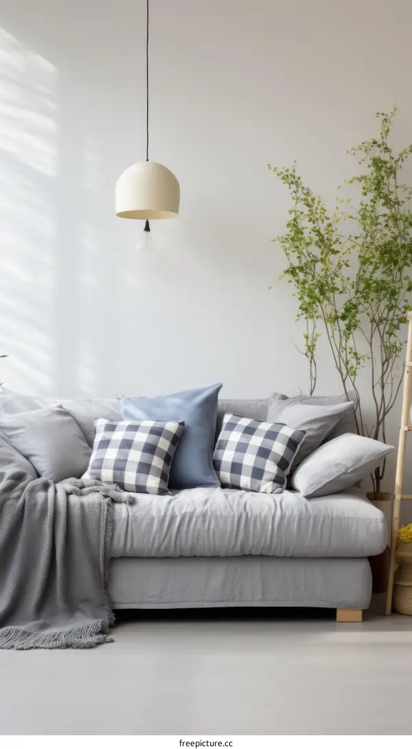 Bright and airy living room with gray sectional sofa and blue pillows